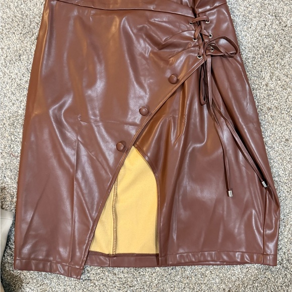Brown Faux Leather Skirt with Lace-Up Detail - Picture 1 of 4